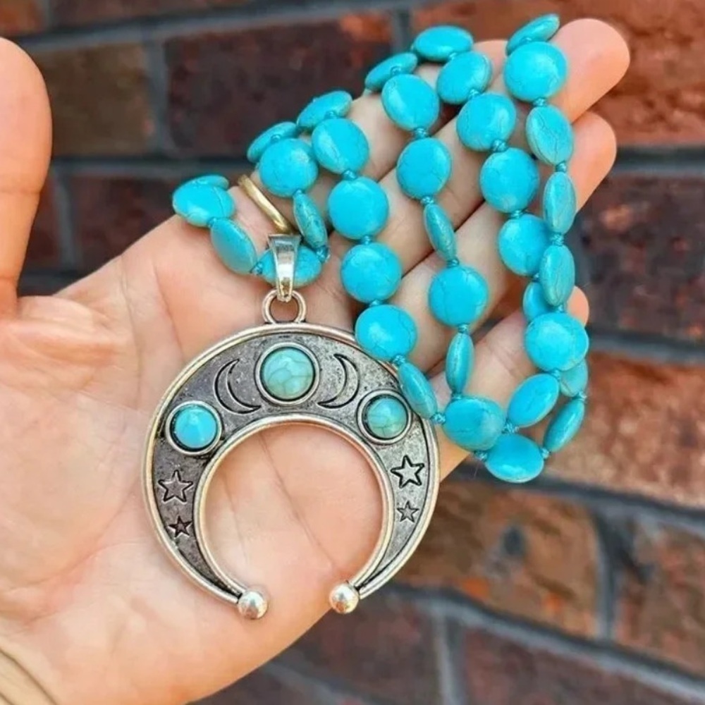 Anthropologie Turquoise Moon Natural Stone Beads Bohemian Western Necklace - Picture 4 of 8